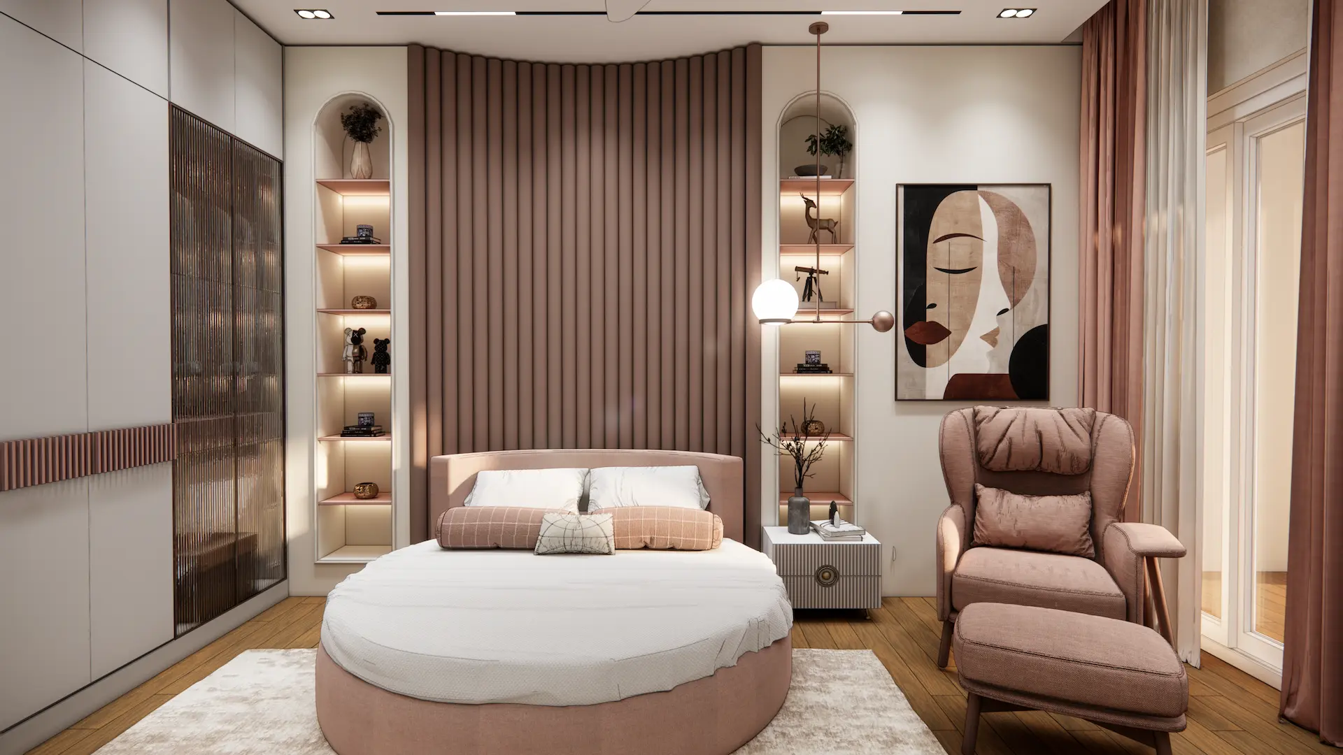 Daughter's bedroom with circular bed and fluted panels — Saya Gold Avenue